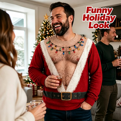 Funny Hairy Chest Santa Lights Ugly Christmas Sweater🎅