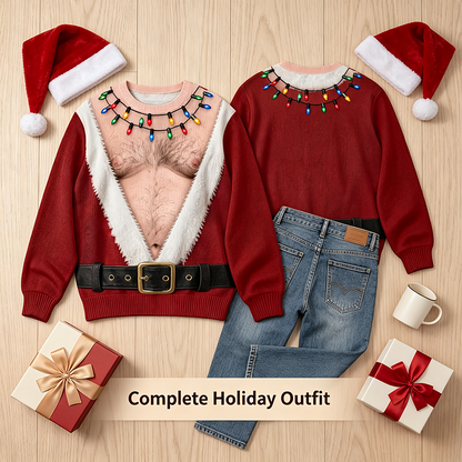 Funny Hairy Chest Santa Lights Ugly Christmas Sweater🎅