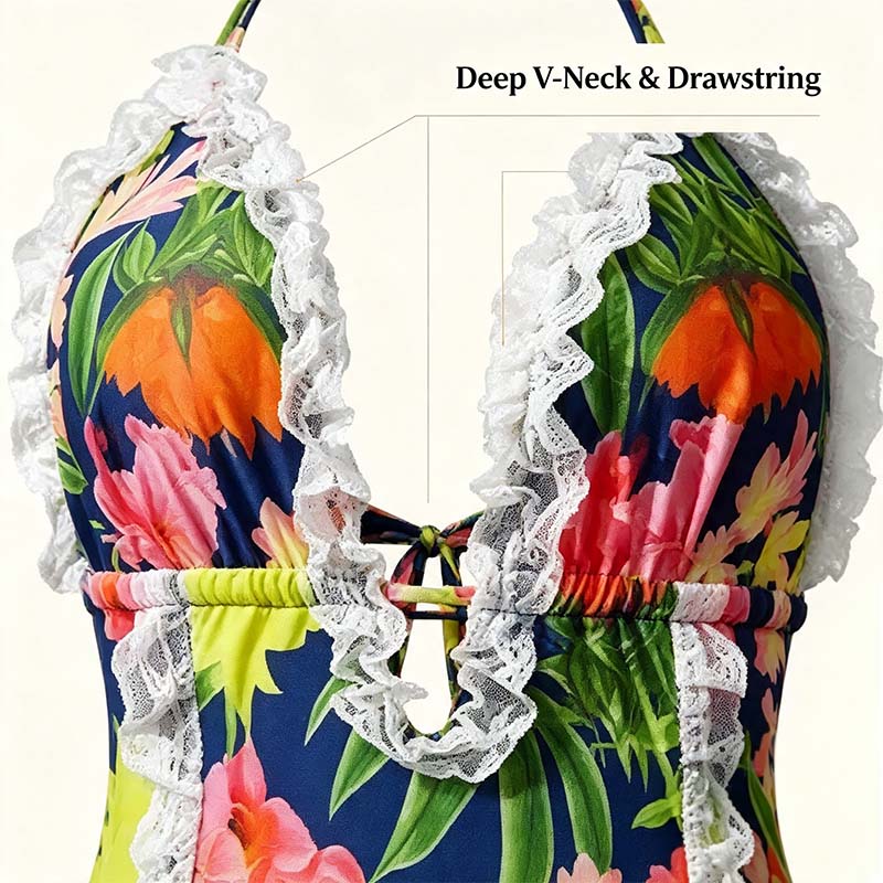 Women's One Piece Halter V-neck Printing Lace Adjustable Back Straps Sexy Swimsuit 👙