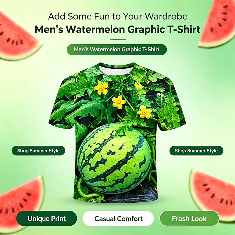 Funny Men's Watermelon Graphic T-Shirt, Fruit Print Summer Tee 🍉
