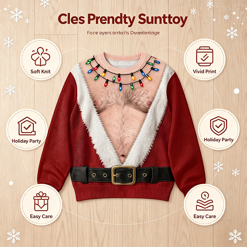 Funny Hairy Chest Santa Lights Ugly Christmas Sweater🎅
