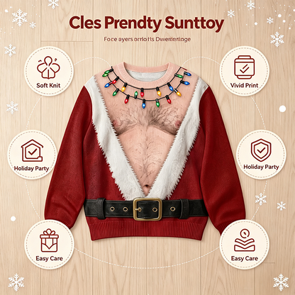 Funny Hairy Chest Santa Lights Ugly Christmas Sweater🎅