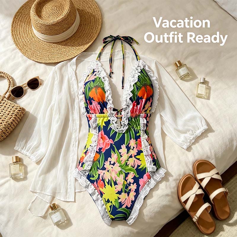 Women's One Piece Halter V-neck Printing Lace Adjustable Back Straps Sexy Swimsuit 👙