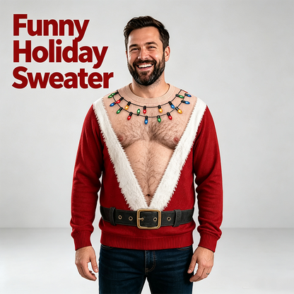 Funny Hairy Chest Santa Lights Ugly Christmas Sweater🎅