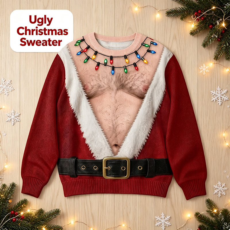 Funny Hairy Chest Santa Lights Ugly Christmas Sweater🎅