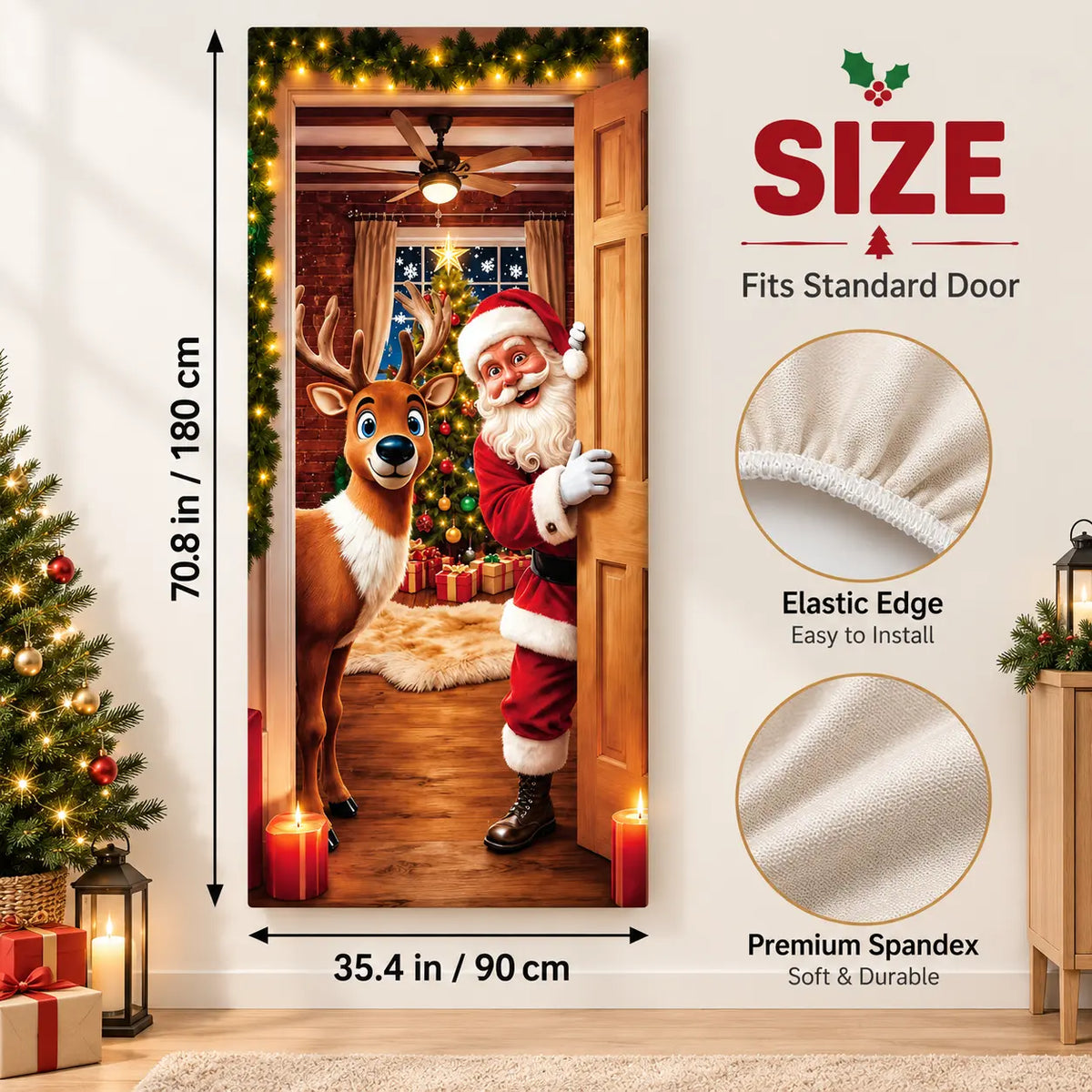 Christmas Door Cover Stretch Fit Santa & Reindeer Door Decoration with 4-Side Elastic Edges 🎅