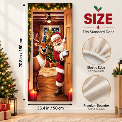 Christmas Door Cover Stretch Fit Santa & Reindeer Door Decoration with 4-Side Elastic Edges 🎅
