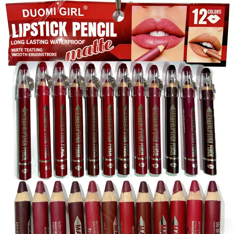 12Pcs Matte Lip Liner With Sharpener Set Waterproof Smudgeproof Precise Contour Lipstick Pens 🖌️