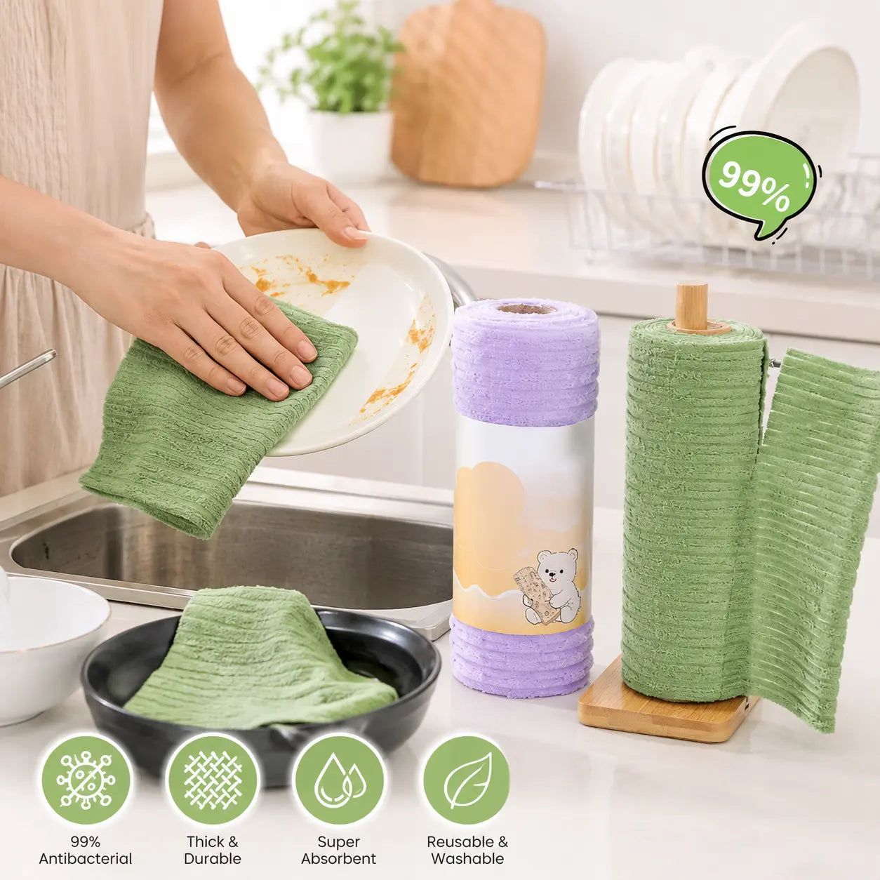 Tearable Reusable Plush Cleaning Cloth Roll, Washable Absorbent Household Cleaning Towels 🧻