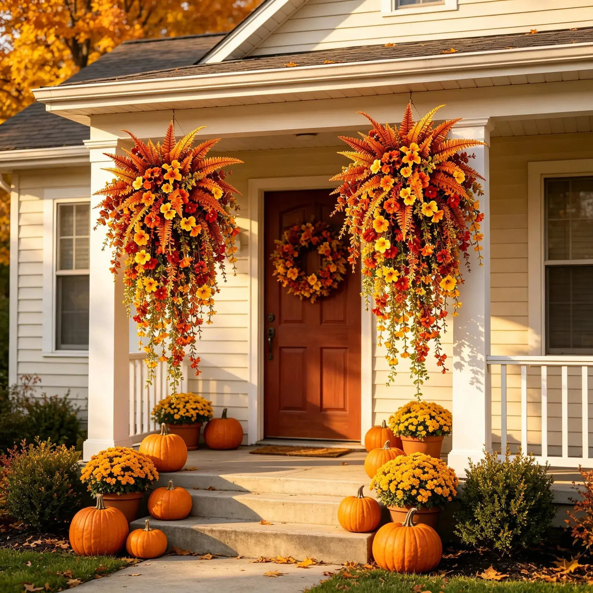 UV‑resistant artificial Boston fern plant, realistic large outdoor hanging autumn faux plant🍂
