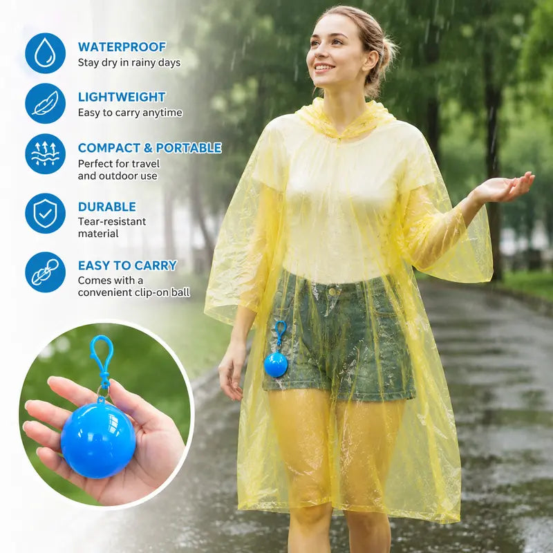 Random Color Disposable Hooded Rain Poncho, Waterproof Coat with Keychain Ball ☔