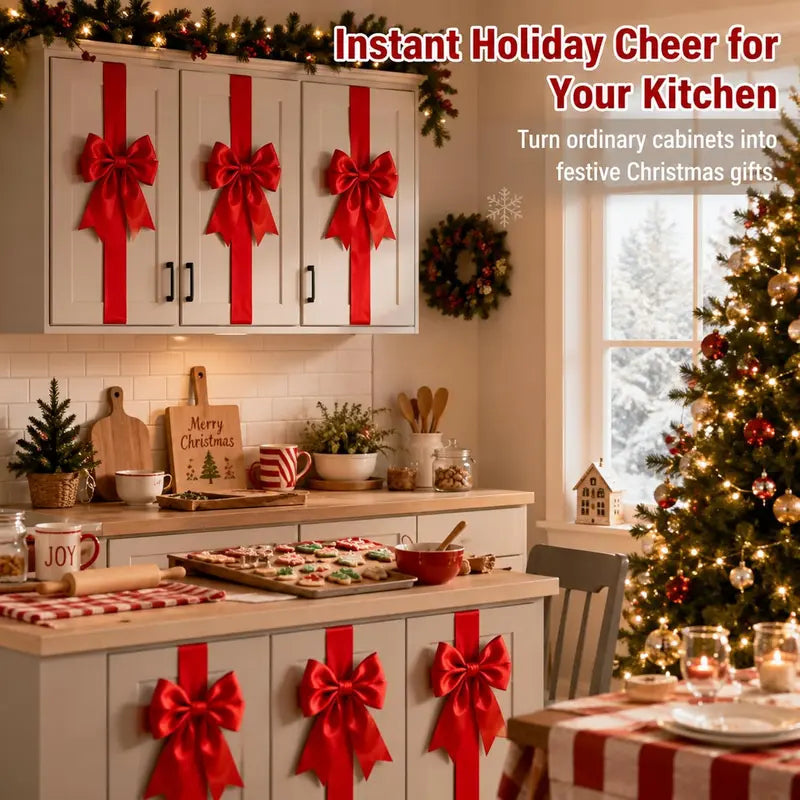 6 Packs Red Christmas Cabinet Ribbons Bows for Kitchen Large Christmas Door Ribbon Cabinet Bows Locker 🎄