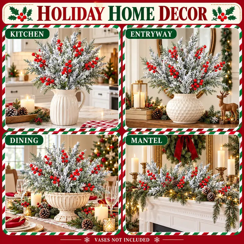 6 Pcs Artificial Frosted Christmas Pine-Cedar Stems with Red Berries, Snowy Evergreen Picks for Holiday Vase Decor 🎄