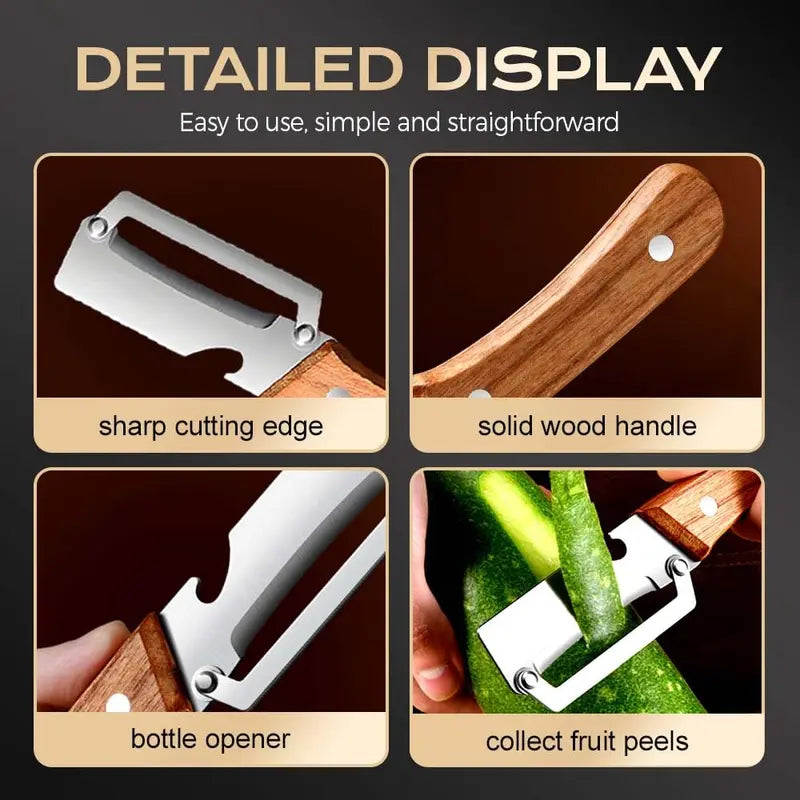 Ultra-sharp stainless steel peeler with wooden handle and bottle opener (2-piece set)