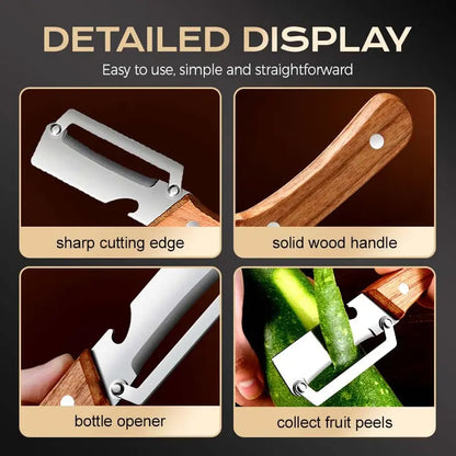 Ultra-sharp stainless steel peeler with wooden handle and bottle opener (2-piece set)