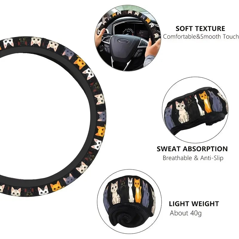 Cute Cat Pet-Themed Pattern, Single-Pack Car Steering Wheel Cover 🐾