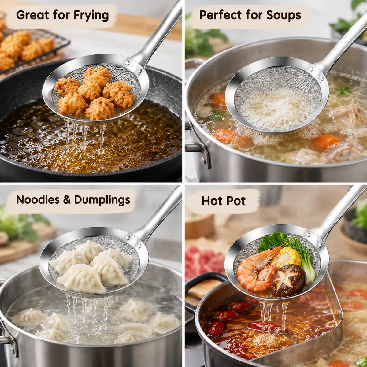 Stainless Steel Fine Mesh Skimmer Spoons, Multi-Size Hot Pot Fat Skimmers 🍲