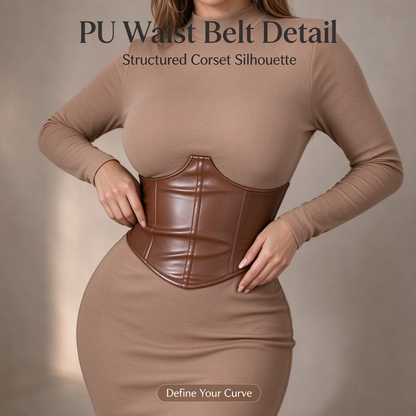 Women's Long-Sleeve High-Stretch Bodycon Midi Dress with PU Waist Belt Detail 👗