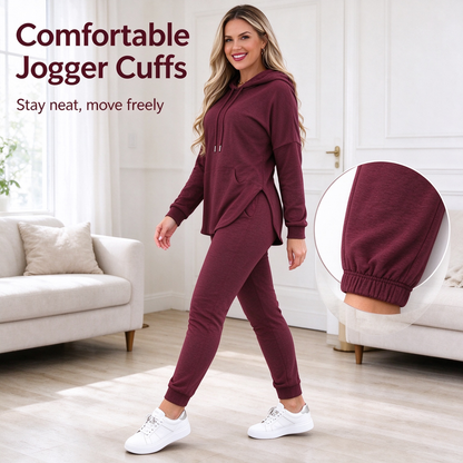 Women's Solid Basic 2-Piece Outfit, Drawstring Hooded Long Sleeve Top & Slim Fit Casual Pants 🧶