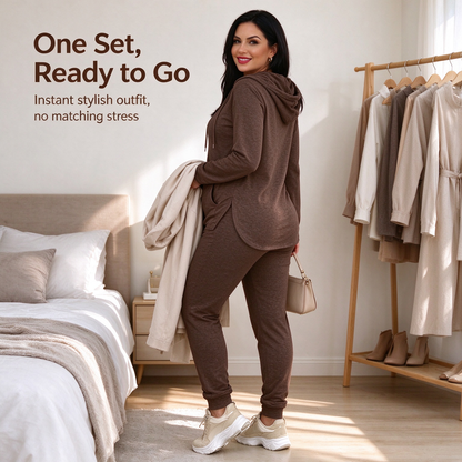 Women's Solid Basic 2-Piece Outfit, Drawstring Hooded Long Sleeve Top & Slim Fit Casual Pants 🧶