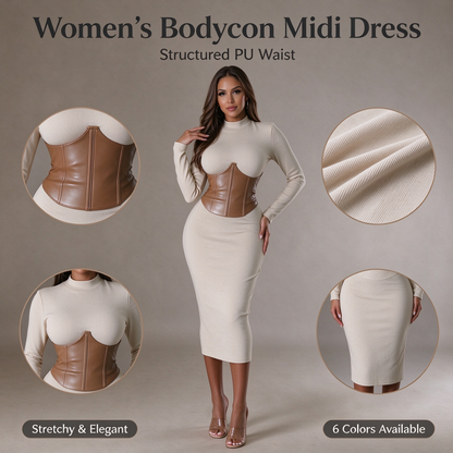 Women's Long-Sleeve High-Stretch Bodycon Midi Dress with PU Waist Belt Detail 👗