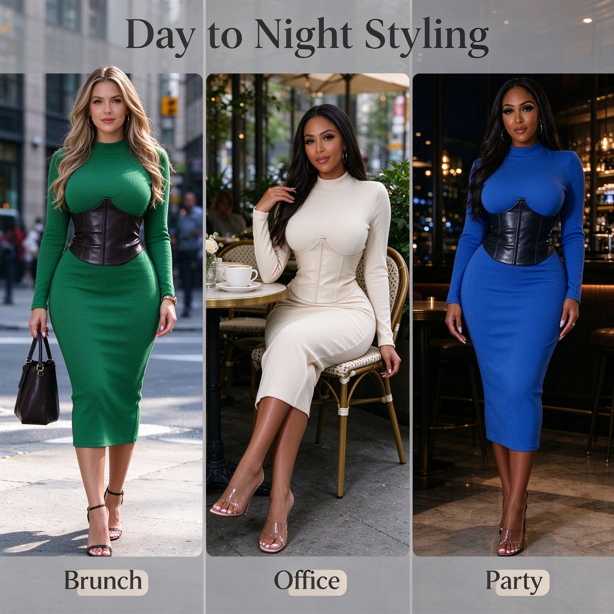 Women's Long-Sleeve High-Stretch Bodycon Midi Dress with PU Waist Belt Detail 👗
