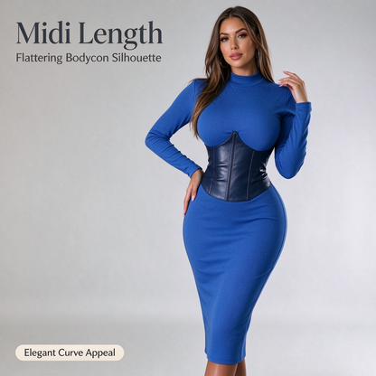 Women's Long-Sleeve High-Stretch Bodycon Midi Dress with PU Waist Belt Detail 👗