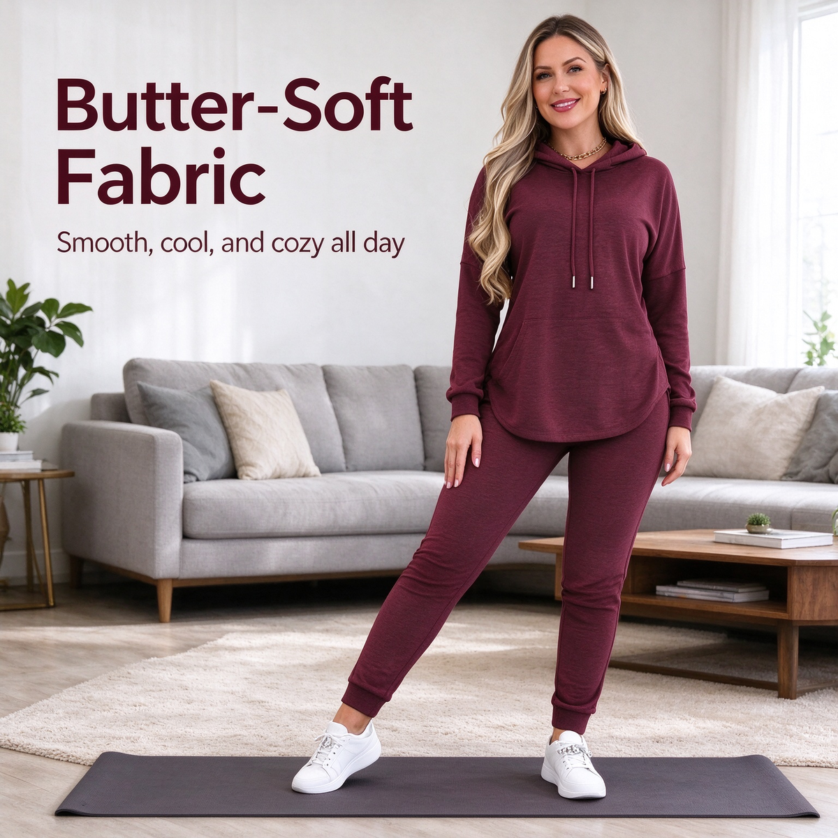 Women's Solid Basic 2-Piece Outfit, Drawstring Hooded Long Sleeve Top & Slim Fit Casual Pants 🧶