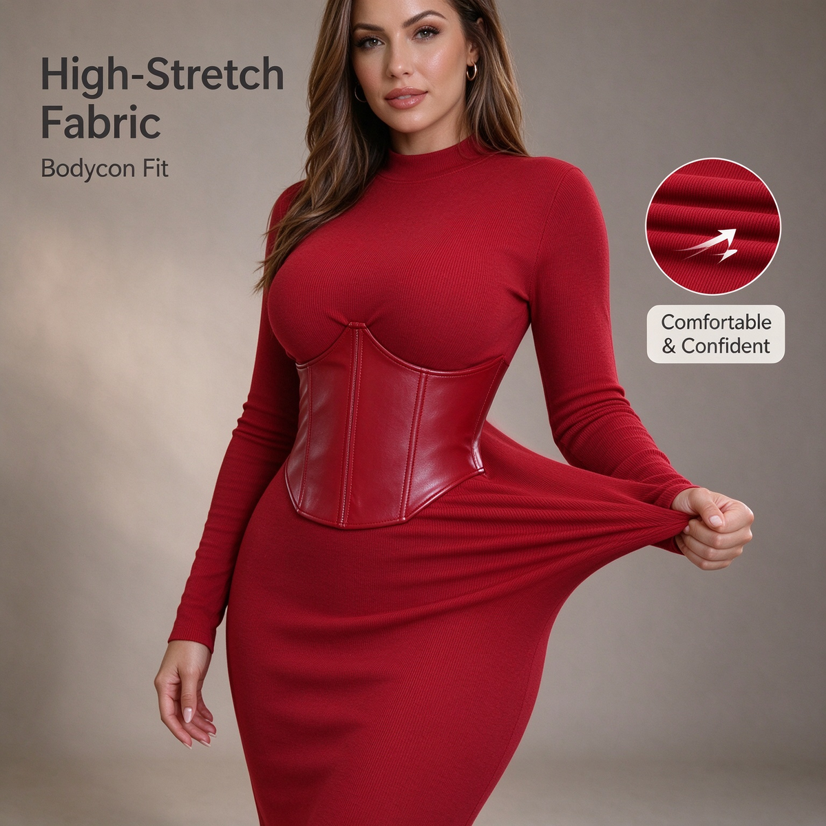 Women's Long-Sleeve High-Stretch Bodycon Midi Dress with PU Waist Belt Detail 👗