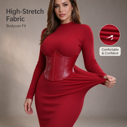 Women's Long-Sleeve High-Stretch Bodycon Midi Dress with PU Waist Belt Detail 👗