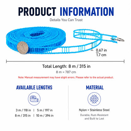 3 Roll Portable Clothesline – 196.85 Inch Adjustable Laundry Line, Windproof & Non-Slip⛺