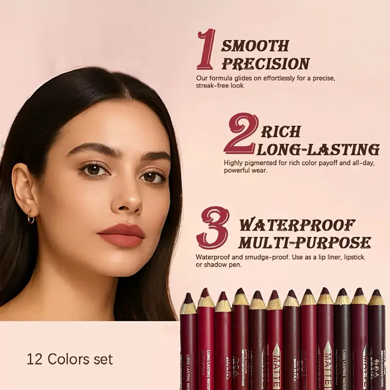 12Pcs Matte Lip Liner With Sharpener Set Waterproof Smudgeproof Precise Contour Lipstick Pens 🖌️