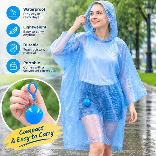 Random Color Disposable Hooded Rain Poncho, Waterproof Coat with Keychain Ball ☔