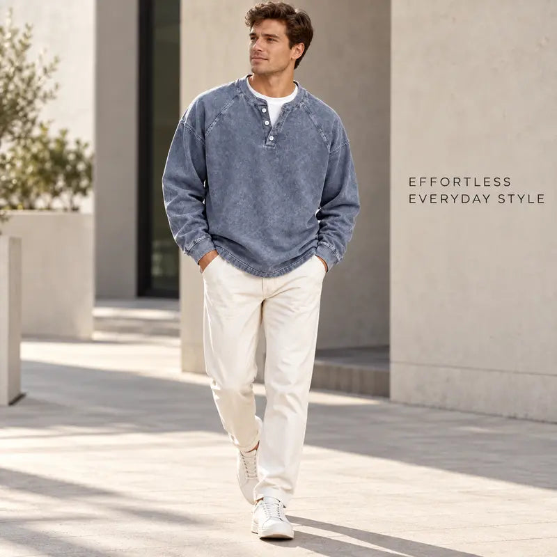 Men's Vintage Washed 3-Button Henley Long Sleeve Plain Pullover 🧥