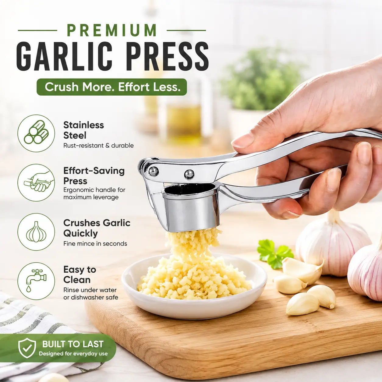 Stainless Steel Garlic Press, Heavy Duty Manual Garlic Crusher Tool 🧄