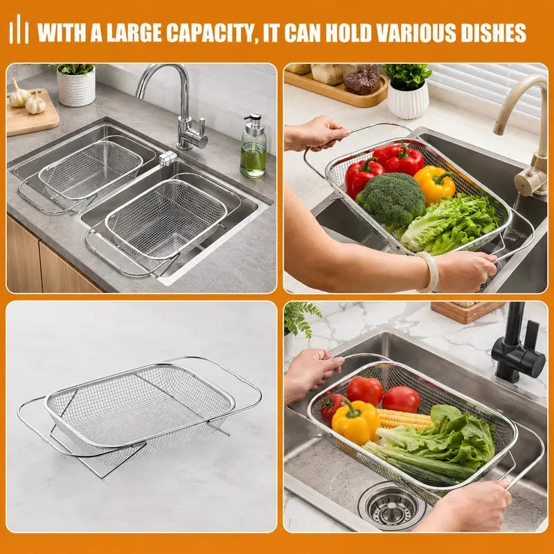 Stainless Steel Over-The-Sink Colander Strainer Basket, Expandable Rectangle Fine Mesh Kitchen Utensils🥣