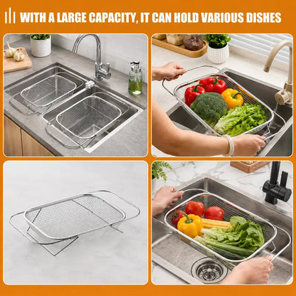 Stainless Steel Over-The-Sink Colander Strainer Basket, Expandable Rectangle Fine Mesh Kitchen Utensils🥣