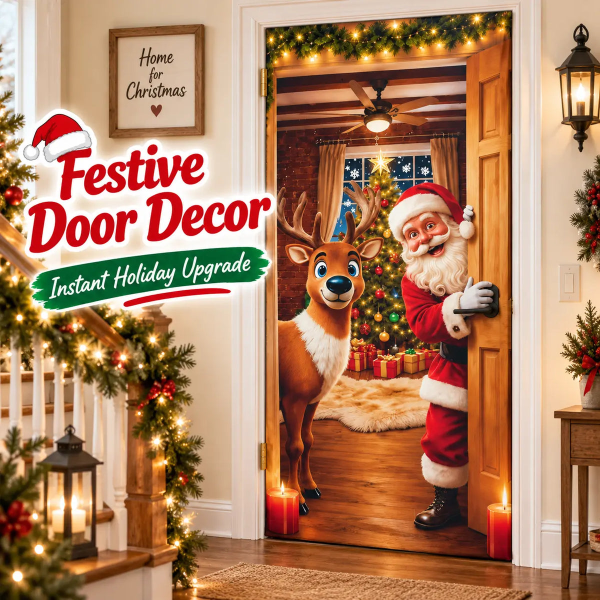 Christmas Door Cover Stretch Fit Santa & Reindeer Door Decoration with 4-Side Elastic Edges 🎅