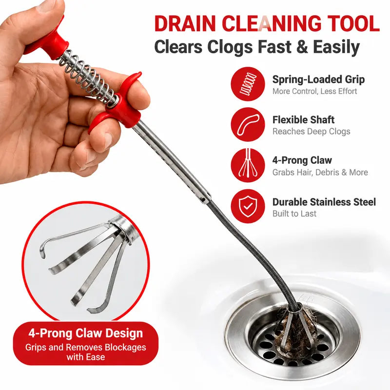Drain Snake, Drain Clog Remover, 4 Claws Efficient Dredging Steel Wire Drain Hair Cleaner Tool  🚰