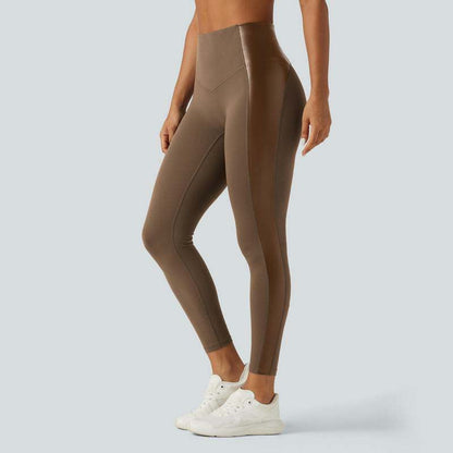 High Waisted Stretchy PU Tummy Control Yoga Leggings with Pocket 🧘