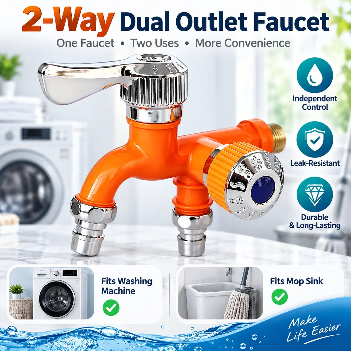 Dual Outlet Washing Machine Plastic Faucet, 1 In 2 Out Water Plastic Tap🚰
