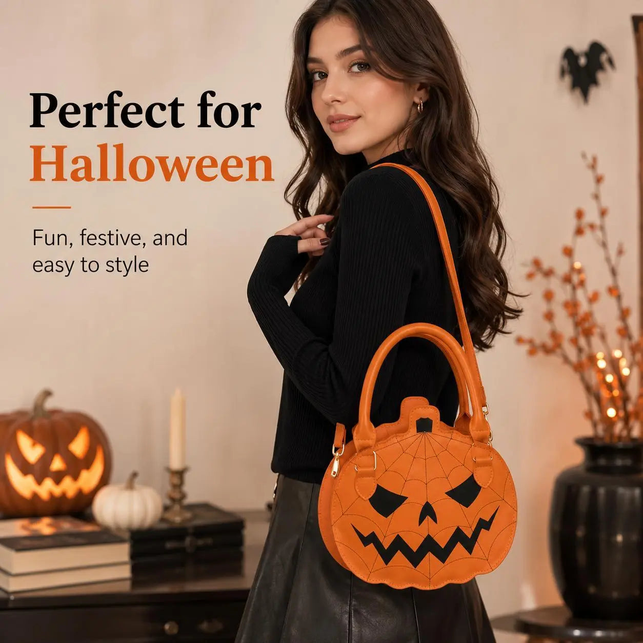 Spooky Jack‑O‑Lantern Pumpkin Crossbody Bag Novelty Spiderweb Stitching Handbag🎃