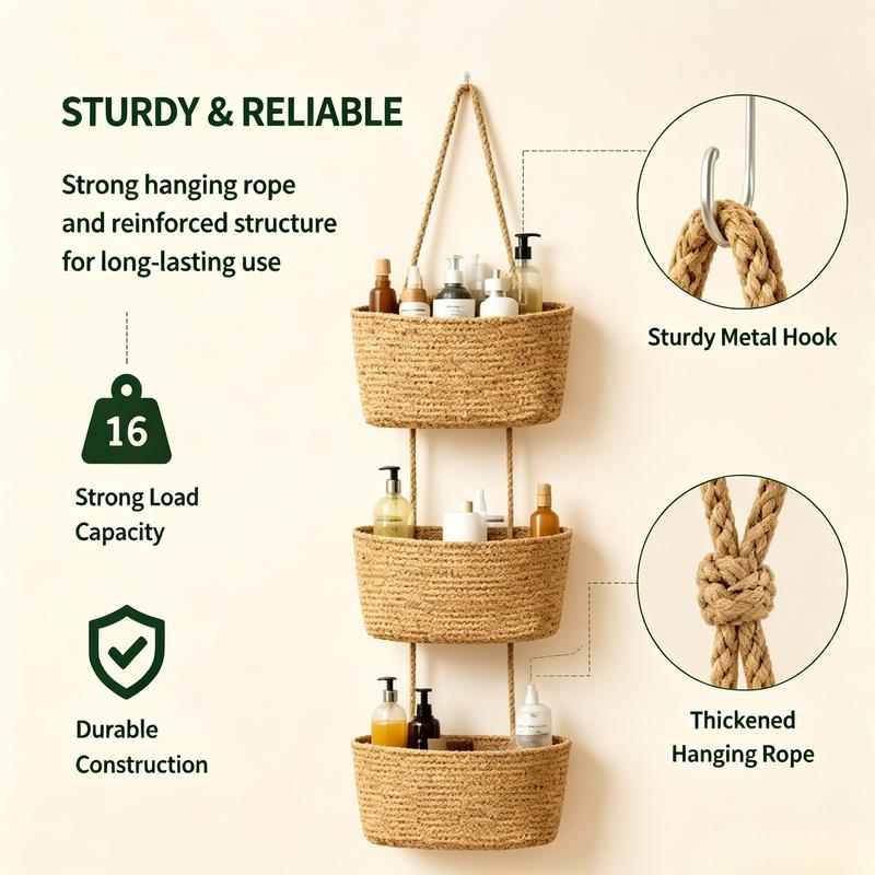 Woven cotton 3-Tier Over the Door Basket, Wall-Mounted Jute Bathroom Storage Organizer 🧺