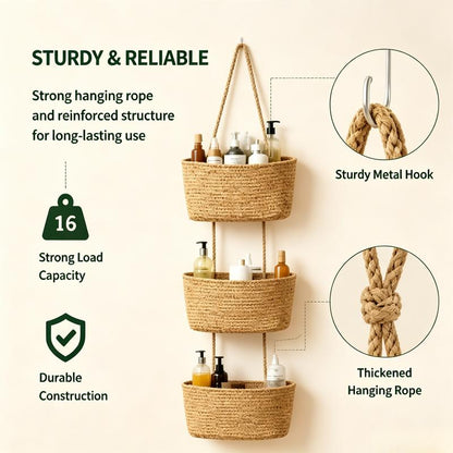 Woven cotton 3-Tier Over the Door Basket, Wall-Mounted Jute Bathroom Storage Organizer 🧺