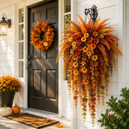 UV‑resistant artificial Boston fern plant, realistic large outdoor hanging autumn faux plant🍂