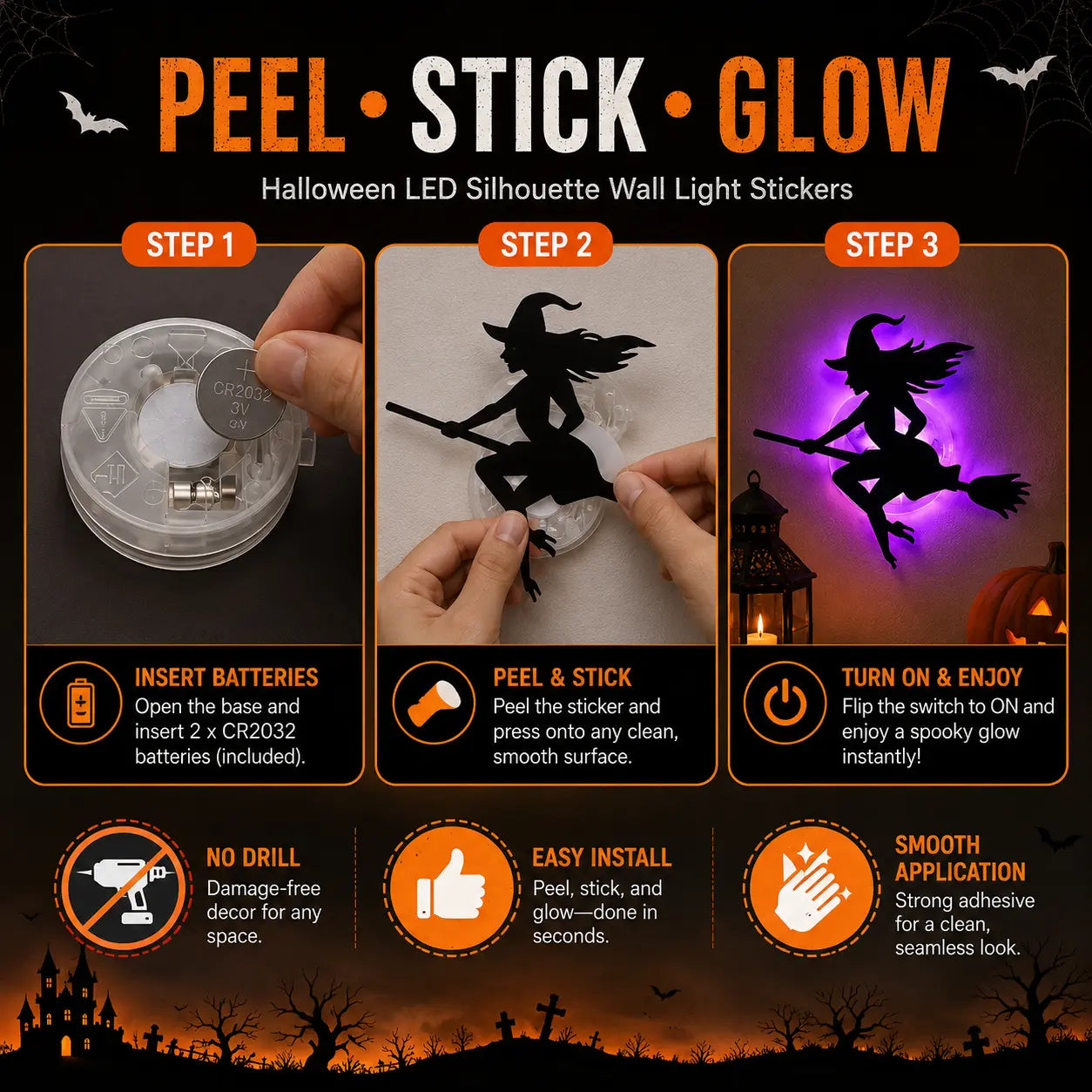 Halloween LED Silhouette Wall Light Stickers, Battery Powered Peel & Stick Decor Lights🎃