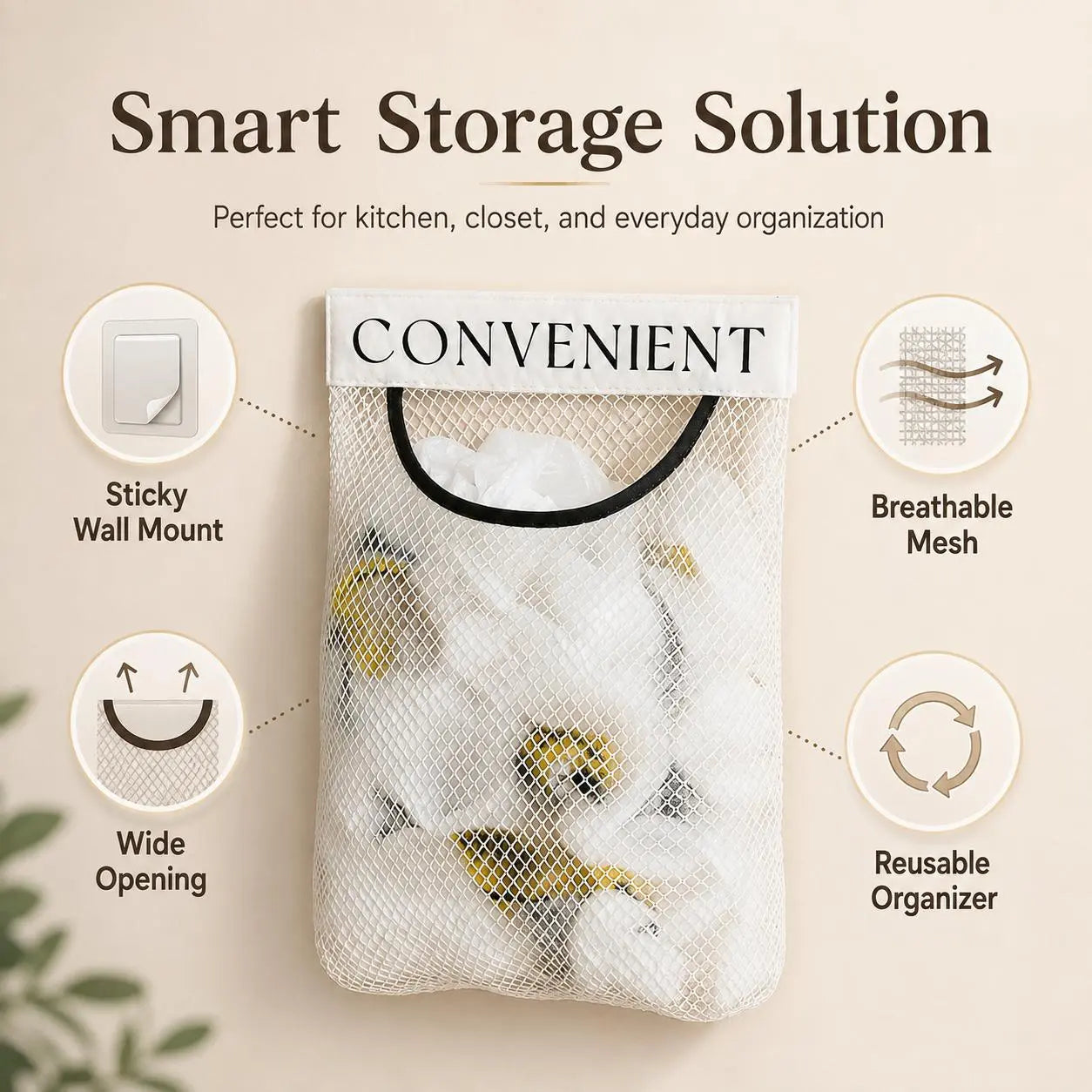 5PCS Grocery Garbage Bag Holder Trash Bag Dispenser, Sticky Wall‑Mounted Mesh Convenient Storage 🗑️