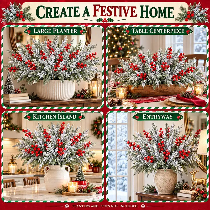6 Pcs Artificial Frosted Christmas Pine-Cedar Stems with Red Berries, Snowy Evergreen Picks for Holiday Vase Decor 🎄