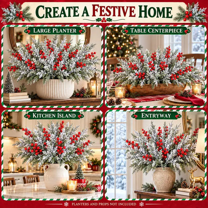 6 Pcs Artificial Frosted Christmas Pine-Cedar Stems with Red Berries, Snowy Evergreen Picks for Holiday Vase Decor 🎄
