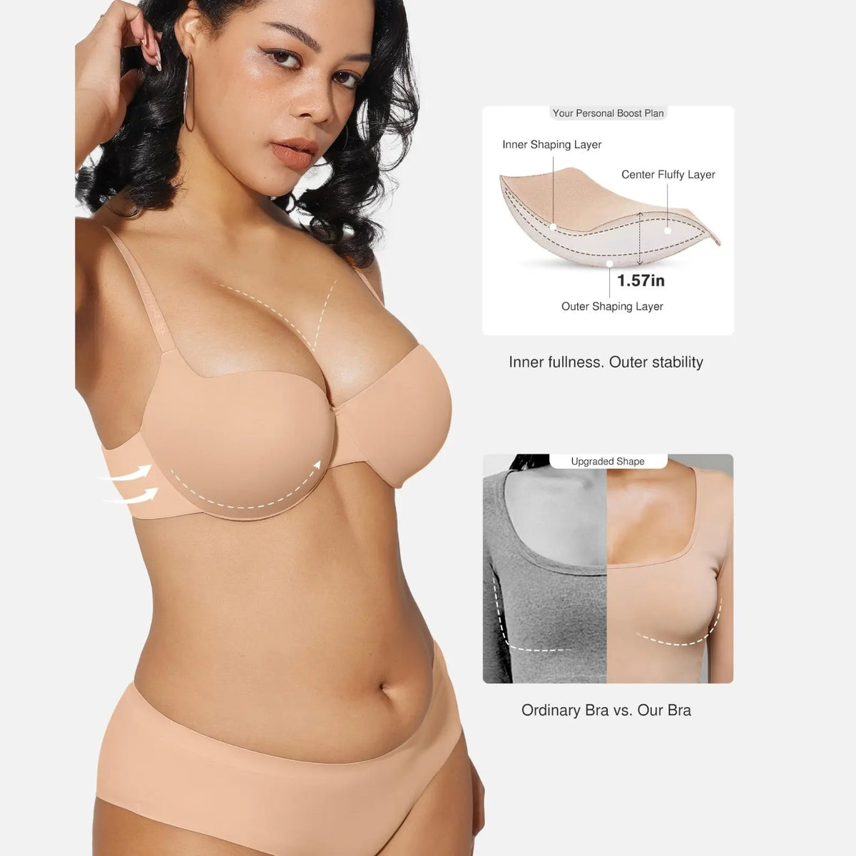 Women 2 Cups Lift Seamless Push Up Underwire T-Shirt Bra ✨